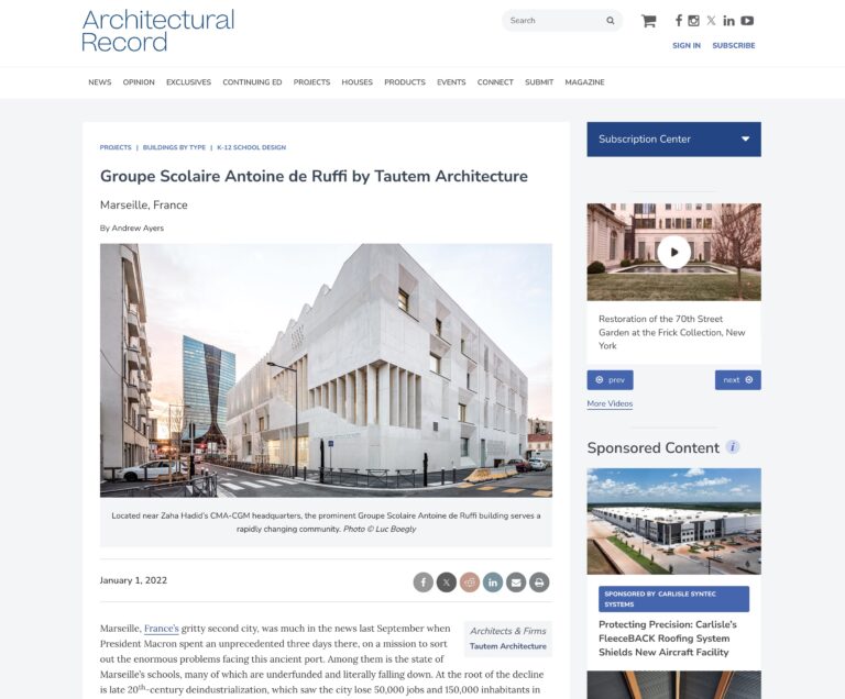 Architectural Record, groupe scolaire Antoine de Ruffi